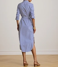 Lauren Ralph Lauren Stripe Point Collar Long Sleeve Midi Length Shirt Dress