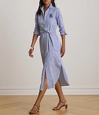 Lauren Ralph Lauren Stripe Point Collar Long Sleeve Midi Length Shirt Dress