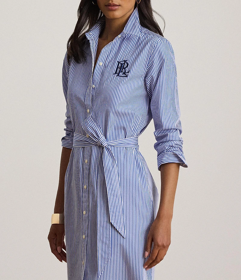Lauren Ralph Lauren Stripe Point Collar Long Sleeve Midi Length Shirt Dress