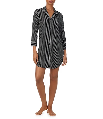 Lauren Ralph Lauren Stripe Print 3/4 Sleeve Notch Collar Knit Sleepshirt