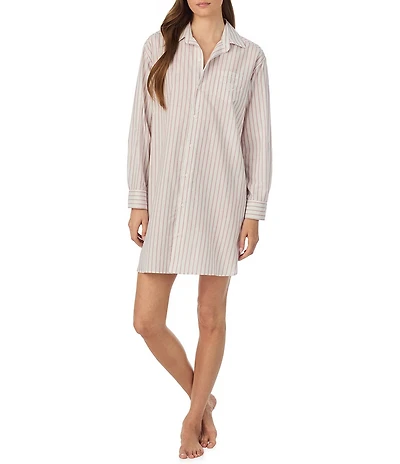 Lauren Ralph Lauren Stripe Print Long Roll Tab Sleeve Notch Collar Woven Sleepshirt