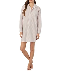 Lauren Ralph Lauren Stripe Print Long Roll Tab Sleeve Notch Collar Woven Sleepshirt