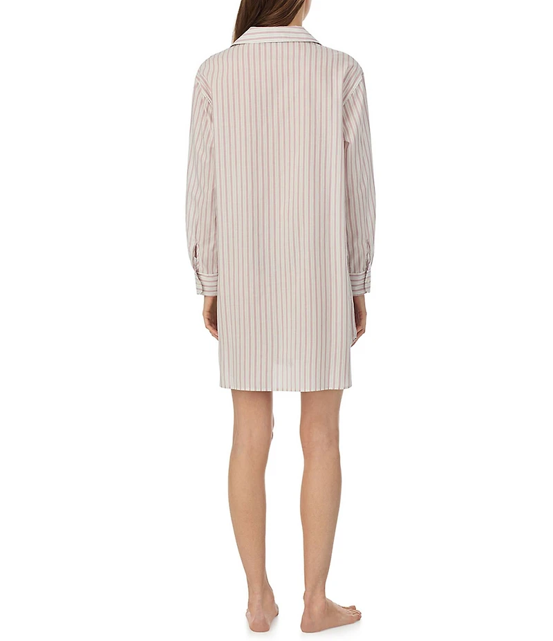 Lauren Ralph Lauren Stripe Print Long Roll Tab Sleeve Notch Collar Woven Sleepshirt