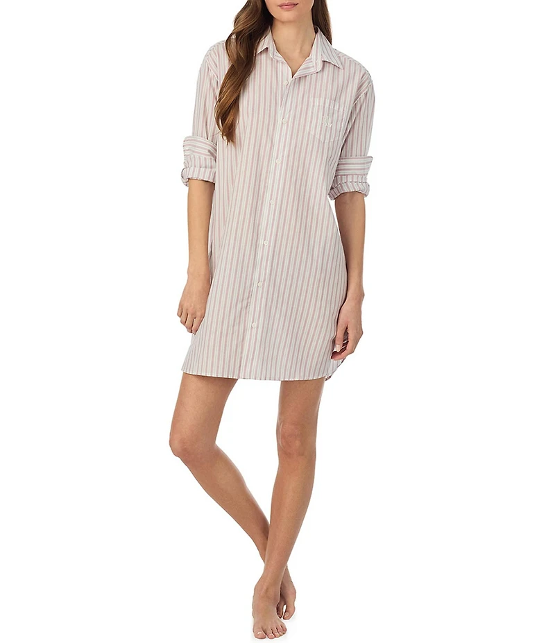 Lauren Ralph Lauren Stripe Print Long Roll Tab Sleeve Notch Collar Woven Sleepshirt