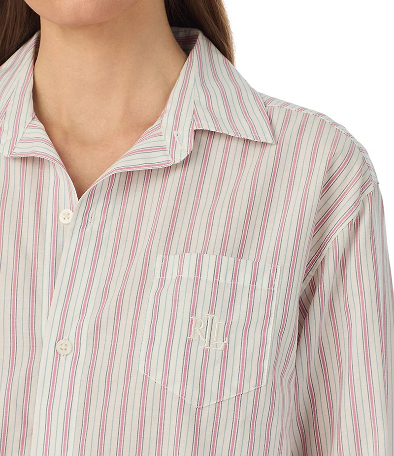 Lauren Ralph Lauren Stripe Print Long Roll Tab Sleeve Notch Collar Woven Sleepshirt