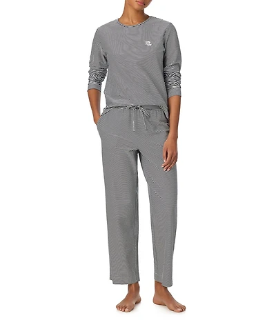 Lauren Ralph Lauren Stripe Print Long Sleeve Crew Neck Jersey Knit Pant Pajama Set