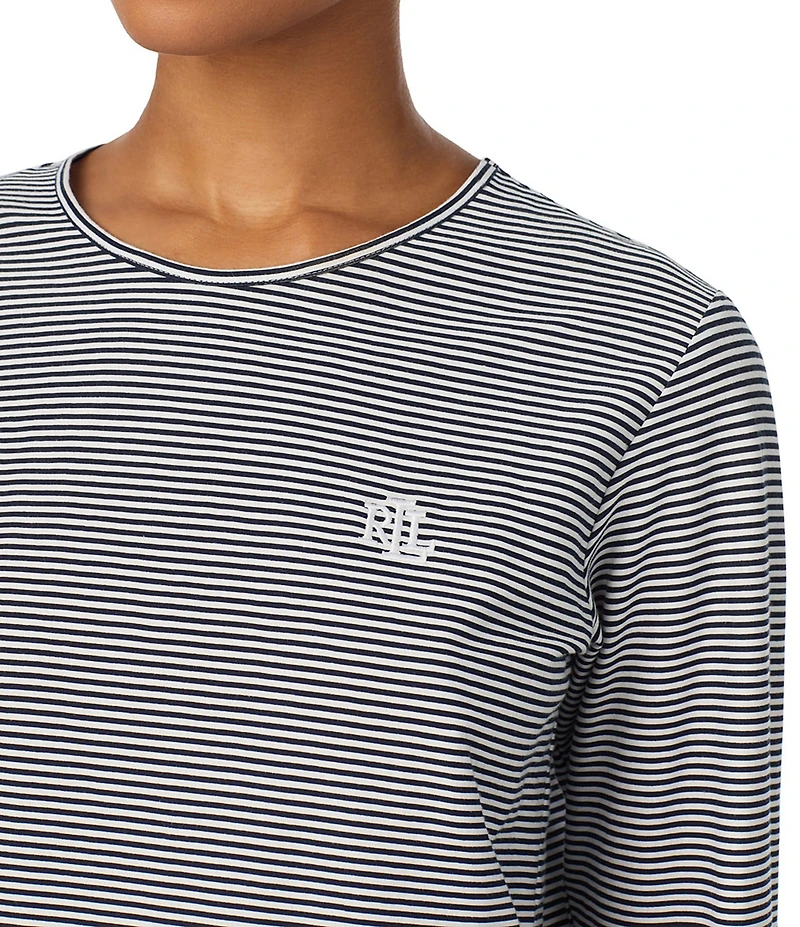 Lauren Ralph Lauren Stripe Print Long Sleeve Crew Neck Jersey Knit Pant Pajama Set