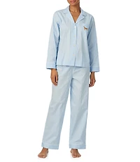 Lauren Ralph Lauren Stripe Print Long Sleeve Notch Collar Sateen Dog Logo Pajama Set