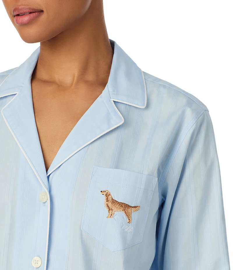 Lauren Ralph Lauren Stripe Print Long Sleeve Notch Collar Sateen Dog Logo Pajama Set