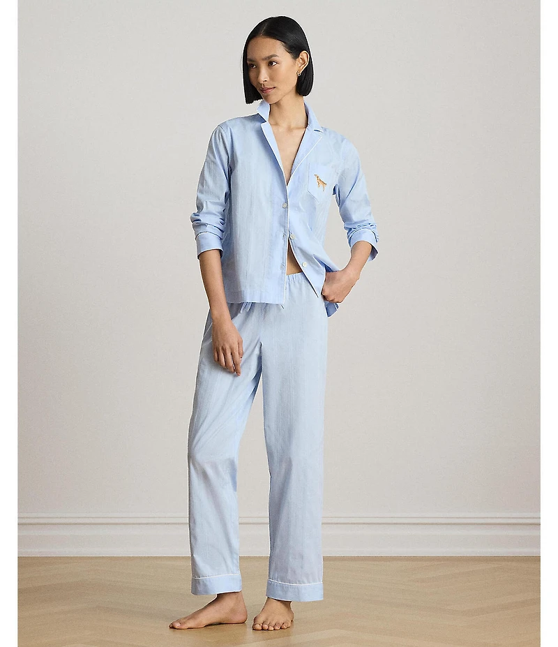 Lauren Ralph Lauren Stripe Print Long Sleeve Notch Collar Sateen Dog Logo Pajama Set