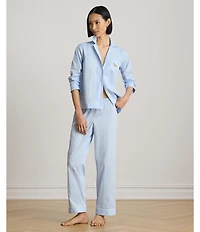 Lauren Ralph Lauren Stripe Print Long Sleeve Notch Collar Sateen Dog Logo Pajama Set