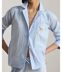 Lauren Ralph Lauren Stripe Print Long Sleeve Notch Collar Sateen Dog Logo Pajama Set
