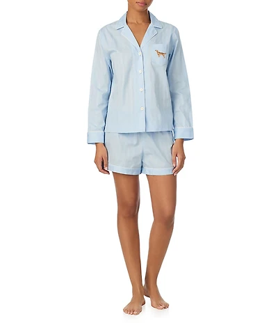 Lauren Ralph Lauren Stripe Print Long Sleeve Notch Collar Sateen Dog Logo Shorty Pajama Set