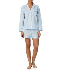 Lauren Ralph Lauren Stripe Print Long Sleeve Notch Collar Sateen Dog Logo Shorty Pajama Set