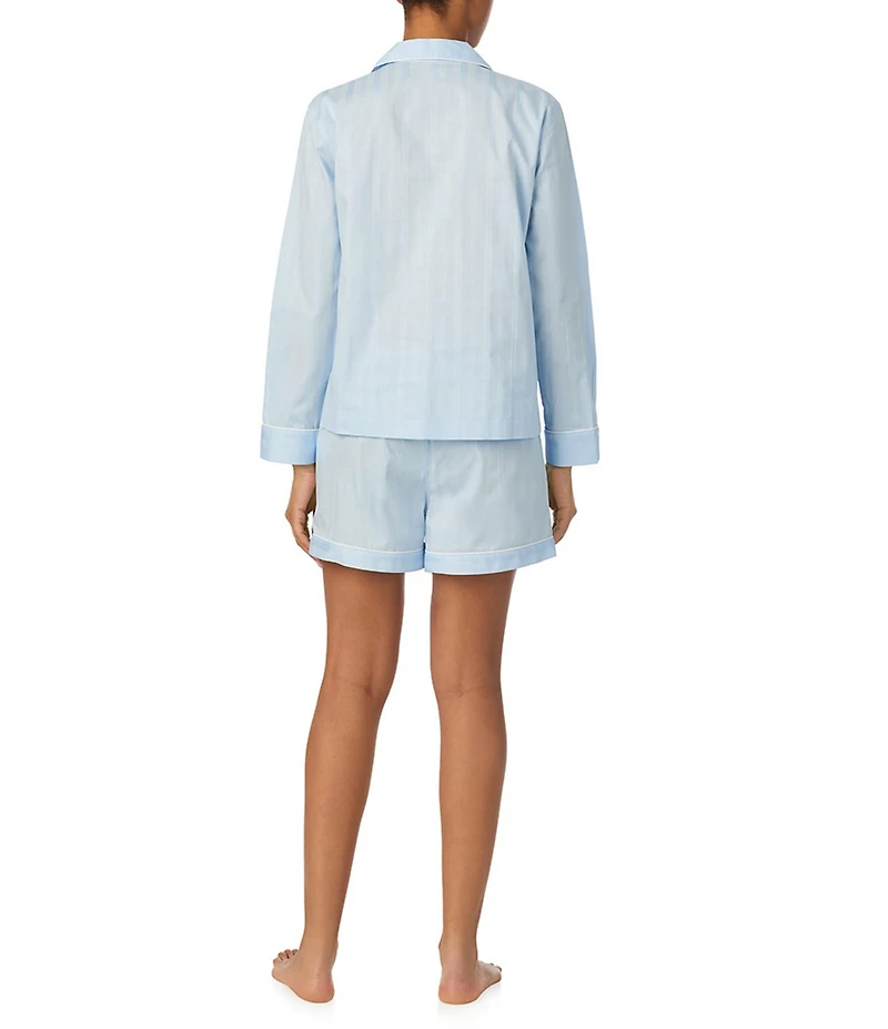 Lauren Ralph Lauren Stripe Print Long Sleeve Notch Collar Sateen Dog Logo Shorty Pajama Set