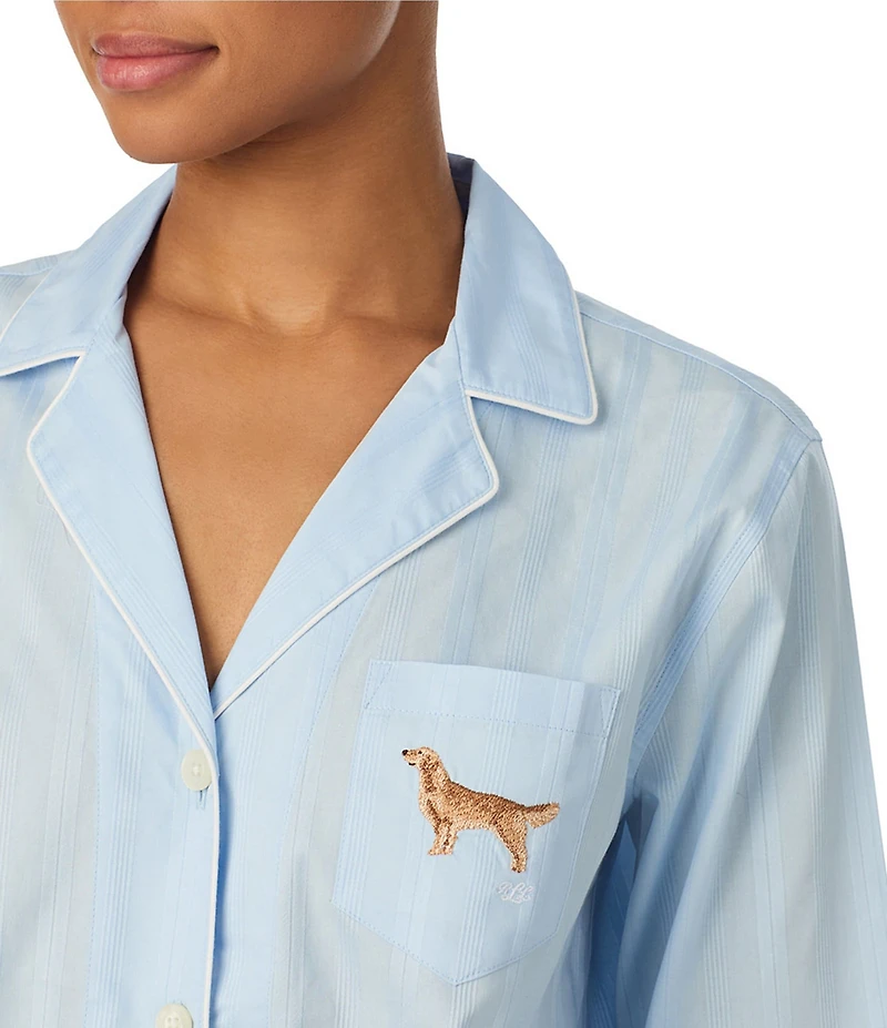 Lauren Ralph Lauren Stripe Print Long Sleeve Notch Collar Sateen Dog Logo Shorty Pajama Set