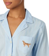 Lauren Ralph Lauren Stripe Print Long Sleeve Notch Collar Sateen Dog Logo Shorty Pajama Set