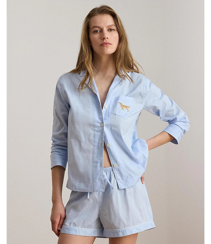Lauren Ralph Lauren Stripe Print Long Sleeve Notch Collar Sateen Dog Logo Shorty Pajama Set