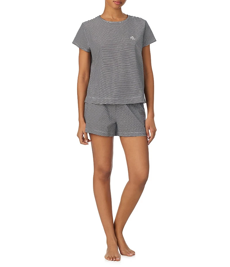 Lauren Ralph Lauren Stripe Print Short Sleeve Crew Neck Knit Shorty Pajama Set