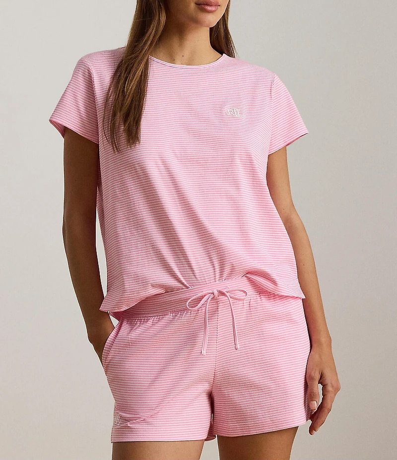 Lauren Ralph Lauren Stripe Print Short Sleeve Crew Neck Knit Shorty Pajama Set