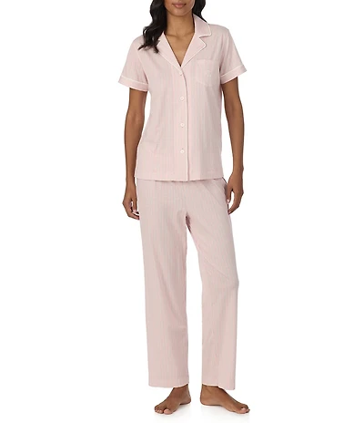 Lauren Ralph Lauren Stripe Print Short Sleeve Notch Collar Jersey Knit Long Pajama Set