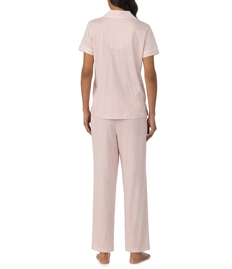 Lauren Ralph Lauren Stripe Print Short Sleeve Notch Collar Jersey Knit Long Pajama Set