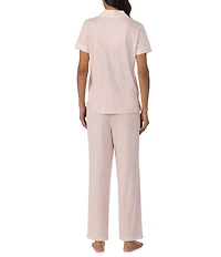 Lauren Ralph Lauren Stripe Print Short Sleeve Notch Collar Jersey Knit Long Pajama Set