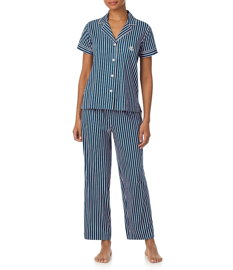 Lauren Ralph Lauren Stripe Print Short Sleeve Notch Collar Jersey Knit Pajama Set