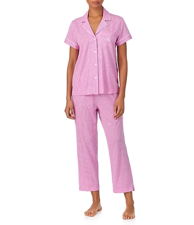 Lauren Ralph Lauren Stripe Print Short Sleeve Notch Collar Knit Cropped Pajama Set
