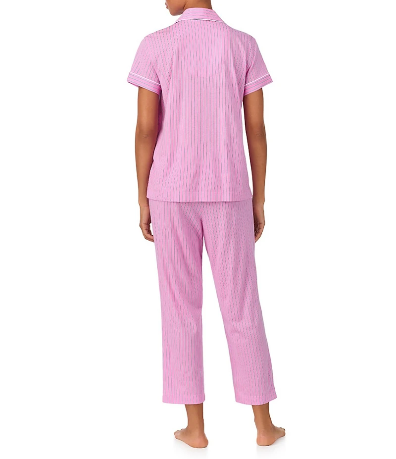 Lauren Ralph Lauren Stripe Print Short Sleeve Notch Collar Knit Cropped Pajama Set