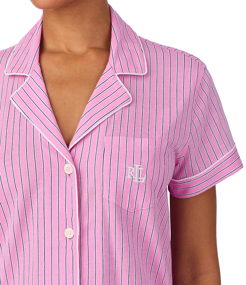 Lauren Ralph Lauren Stripe Print Short Sleeve Notch Collar Knit Cropped Pajama Set