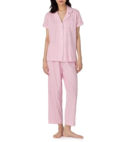 Lauren Ralph Lauren Stripe Print Short Sleeve Notch Collar Knit Cropped Pajama Set