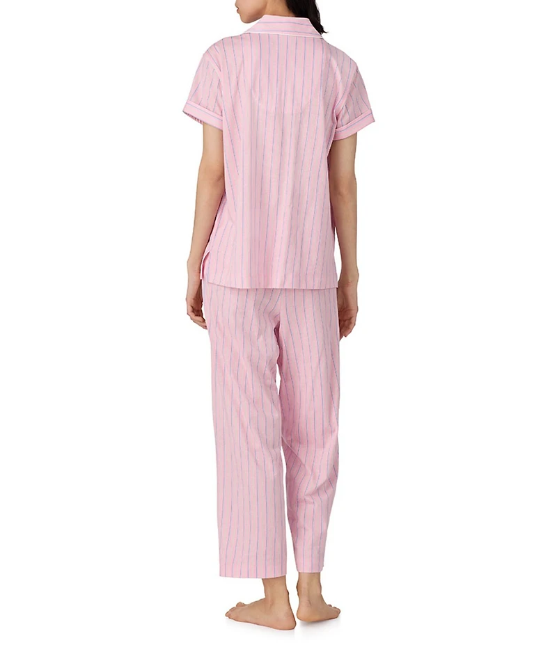 Lauren Ralph Lauren Stripe Print Short Sleeve Notch Collar Knit Cropped Pajama Set