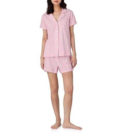 Lauren Ralph Lauren Stripe Print Short Sleeve Notch Collar Knit Shorty Pajama Set