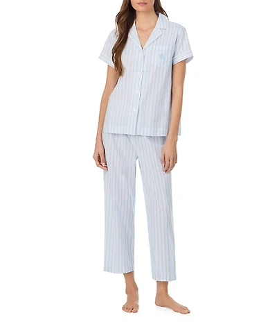 Lauren Ralph Lauren Stripe Print Short Sleeve Notch Collar Woven Cropped Pajama Set