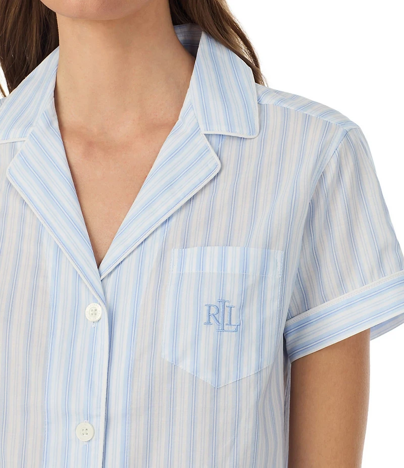 Lauren Ralph Lauren Stripe Print Short Sleeve Notch Collar Woven Cropped Pajama Set