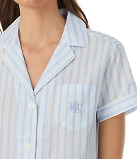 Lauren Ralph Lauren Stripe Print Short Sleeve Notch Collar Woven Cropped Pajama Set