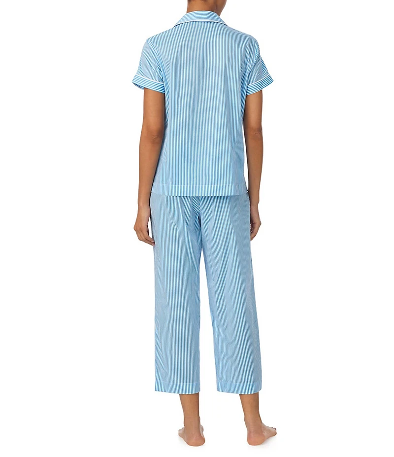 Lauren Ralph Lauren Stripe Print Short Sleeve Notch Collar Woven Cropped Pajama Set