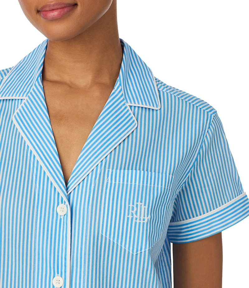 Lauren Ralph Lauren Stripe Print Short Sleeve Notch Collar Woven Cropped Pajama Set