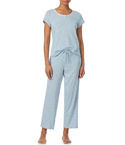 Lauren Ralph Lauren Stripe Print Short Sleeve Round Neck Ankle Slub Ribbed Knit Pajama Set