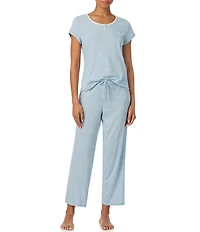 Lauren Ralph Lauren Stripe Print Short Sleeve Round Neck Ankle Slub Ribbed Knit Pajama Set