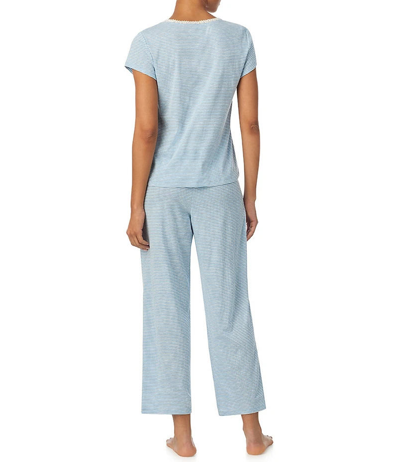 Lauren Ralph Lauren Stripe Print Short Sleeve Round Neck Ankle Slub Ribbed Knit Pajama Set