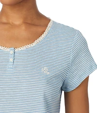 Lauren Ralph Lauren Stripe Print Short Sleeve Round Neck Ankle Slub Ribbed Knit Pajama Set