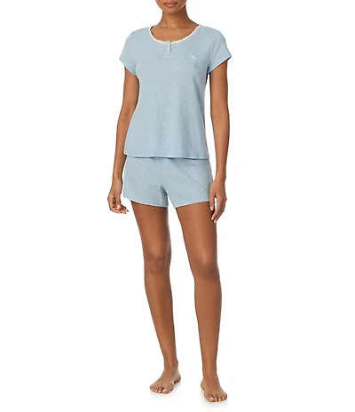 Lauren Ralph Lauren Stripe Print Short Sleeve Round Neck Shorty Slub Ribbed Knit Pajama Set