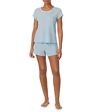 Lauren Ralph Lauren Stripe Print Short Sleeve Round Neck Shorty Slub Ribbed Knit Pajama Set