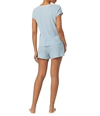 Lauren Ralph Lauren Stripe Print Short Sleeve Round Neck Shorty Slub Ribbed Knit Pajama Set