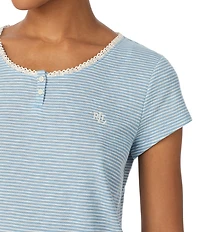 Lauren Ralph Lauren Stripe Print Short Sleeve Round Neck Shorty Slub Ribbed Knit Pajama Set