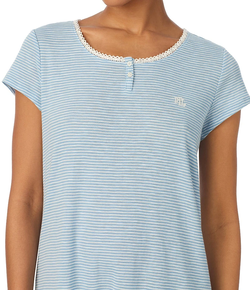 Lauren Ralph Lauren Stripe Print Short Sleeve Round Neck Slub Ribbed Knit Short Nightgown