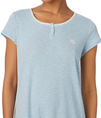Lauren Ralph Lauren Stripe Print Short Sleeve Round Neck Slub Ribbed Knit Short Nightgown
