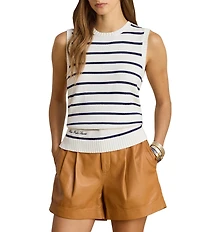 Lauren Ralph Lauren Stripe Ribbed Crew Neck Sleeveless Sweater Knit Top